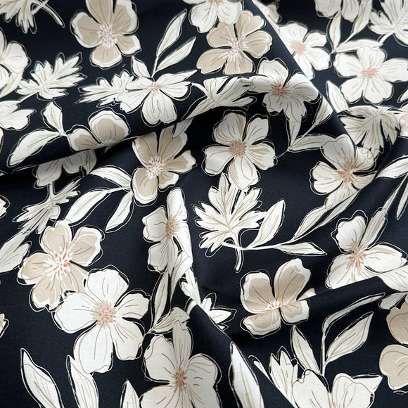 Cotton Fabric - Black & Natural Beige Floral Print - Craft Dress Fabric Material