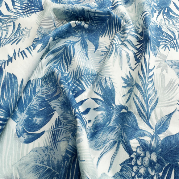 Cotton Fabric - Blue Tropical Palm Leaf on Ivory - Craft Dress Fabric Material