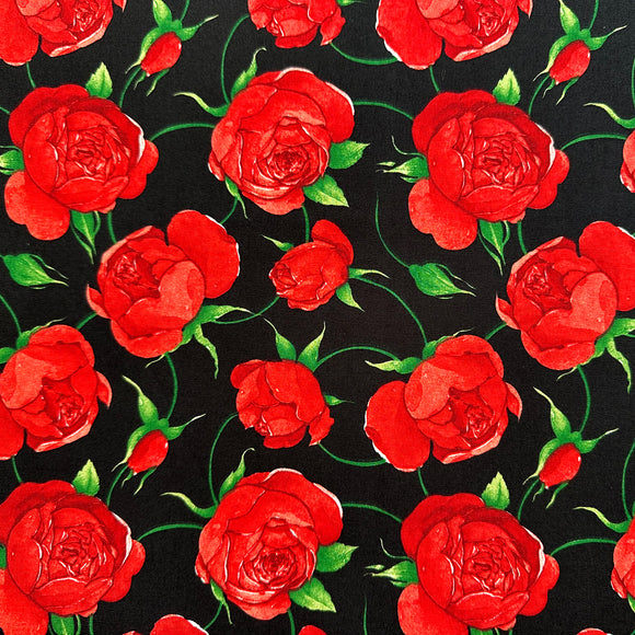 Cotton Fabric - Red Roses Flowers on Black - Craft Fabric Material Metre