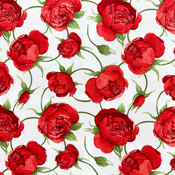 Cotton Fabric - Red Roses Flowers on Ivory - Craft Fabric Material Metre