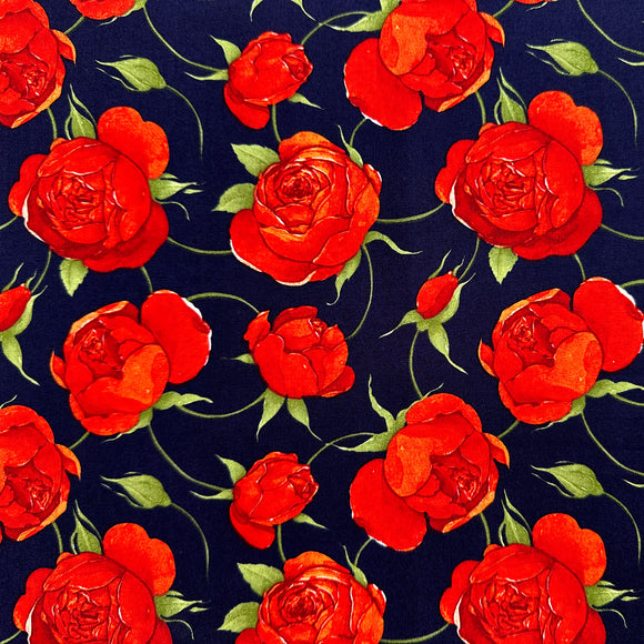 Cotton Fabric - Red Roses Flowers on Navy Blue - Craft Fabric Material Metre