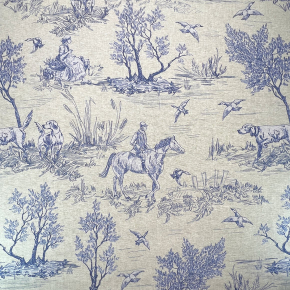 Cotton Panama Canvas Fabric - Country Toile on Navy Blue