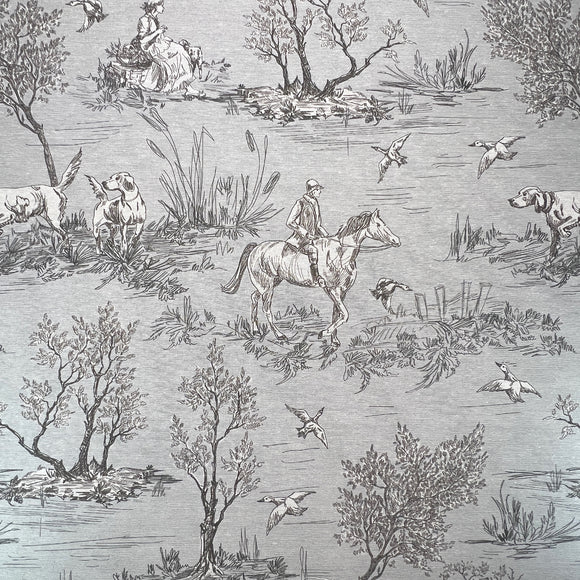 Cotton Panama Canvas Fabric - Country Toile on Grey