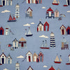 Canvas Fabric - Beach Huts Lighthouse Boats Seaside Print on BLUE - Craft Material