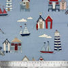 Canvas Fabric - Beach Huts Lighthouse Boats Seaside Print on BLUE - Craft Material