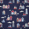 Canvas Fabric - Beach Huts Lighthouse Boats Seaside Print on NAVY BLUE - Craft Material