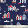 Canvas Fabric - Beach Huts Lighthouse Boats Seaside Print on NAVY BLUE - Craft Material