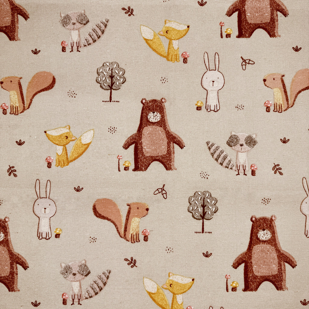 Canvas Fabric - Cute Forest Friends Animals on Taupe