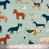 Canvas Fabric - Woof - Cute Dog Print on Duck Egg Blue Green- Craft Material