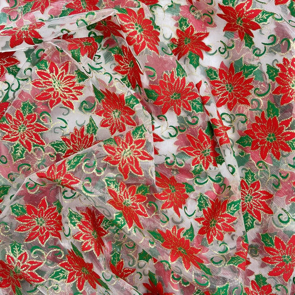 Christmas Organza Fabric - Red White & Green Christmas Poinsettia Flowers Gold Glitter
