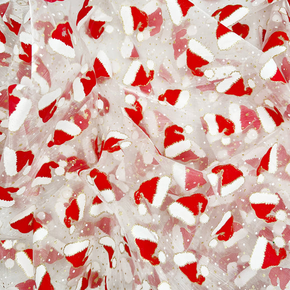 Christmas Organza Fabric - Red & White Santas Father Christmas Hats on White