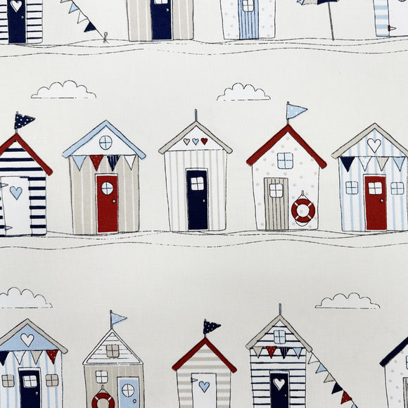 Upholstery Fabric - 'Beach Huts' Blue & Red Seaside Print - Cushion Curtain Craft Fabric