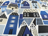 Upholstery Fabric - 'Clovelly' Navy Blue Houses Print - Cushion Curtain Craft Fabric