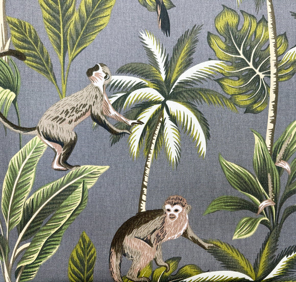 Upholstery Fabric - 'Monkey' Grey Palm Tree & Monkey Print - Cushion Curtain Craft Fabric