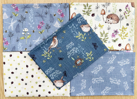 Fat Quarter Bundle - Woodland - Navy Blue Bird Hedgehog Dragonfly Print Fabric