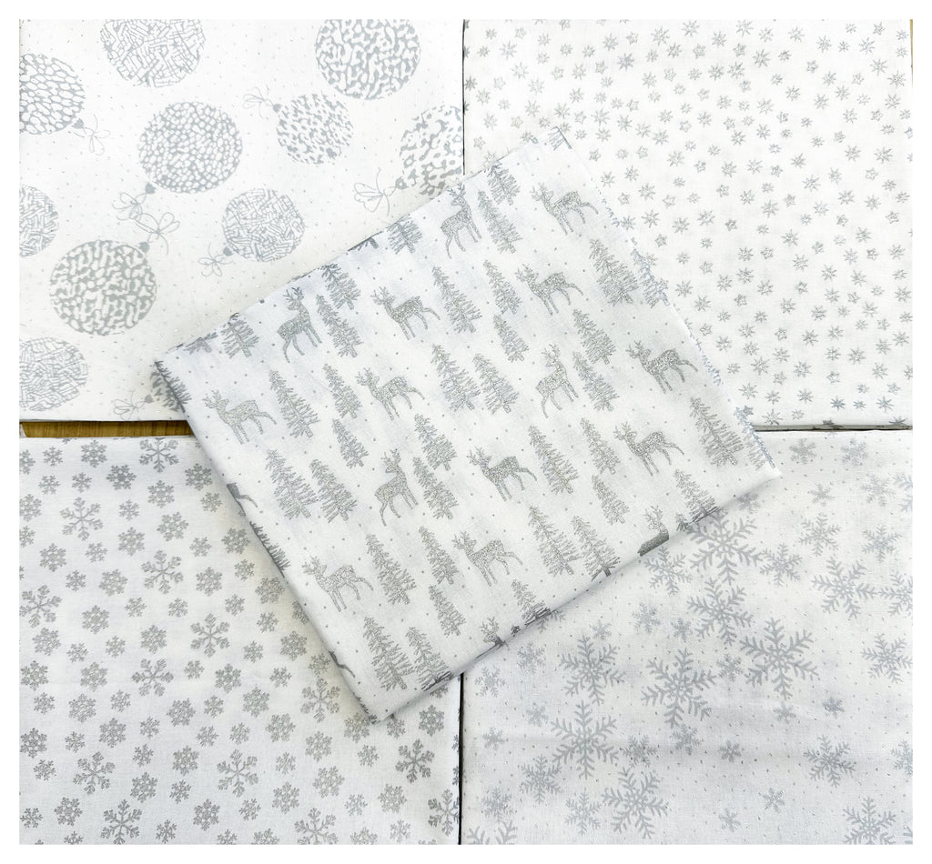 Fat Quarter Bundle - Christmas White & Silver Glitter Snowflakes Stars Baubles Reindeer Print