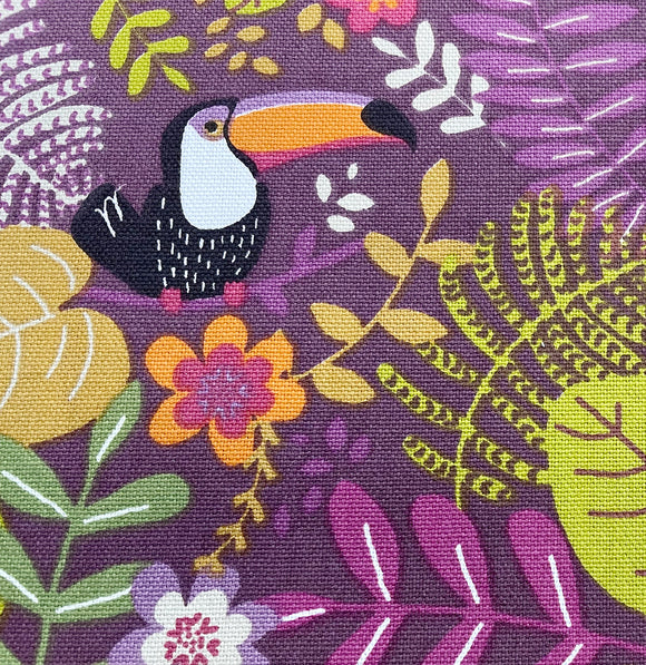 Half Panama Cotton - Purple Tropical Leaf Toucan Bird - Craft Upholstery Fabric