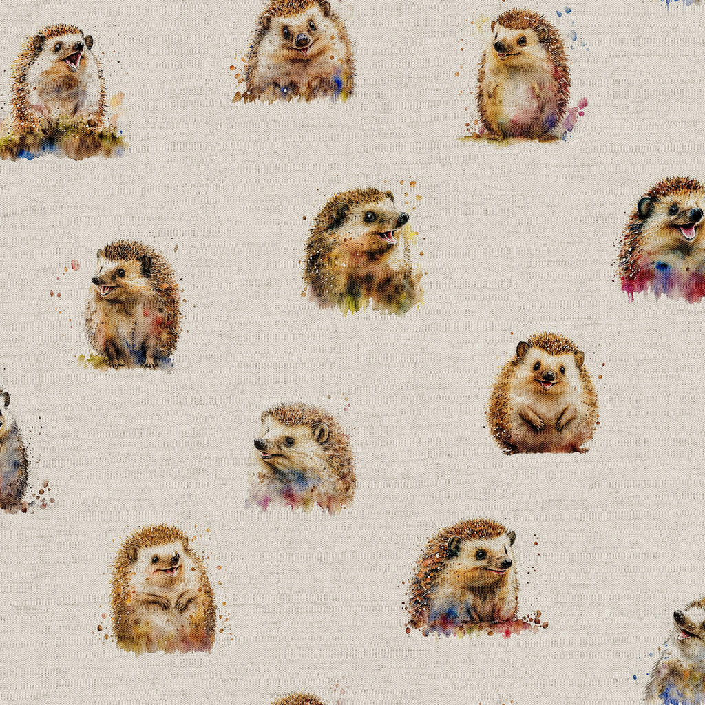 Upholstery Fabric - Cotton Rich Linen Look Material - Happy Hedgehogs All Over