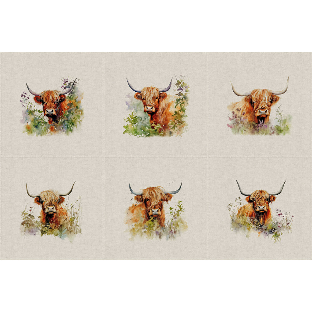Upholstery Fabric - Cotton Rich Linen Look Material - Panels - Cushion - Wall Art - Highland Cows