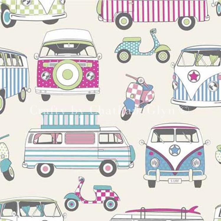 Cotton Fabric - Happy Campers Candy Pink Camper Van Scooter Craft Fabric Material