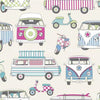 Cotton Fabric - Happy Campers Candy Pink Camper Van Scooter Craft Fabric Material