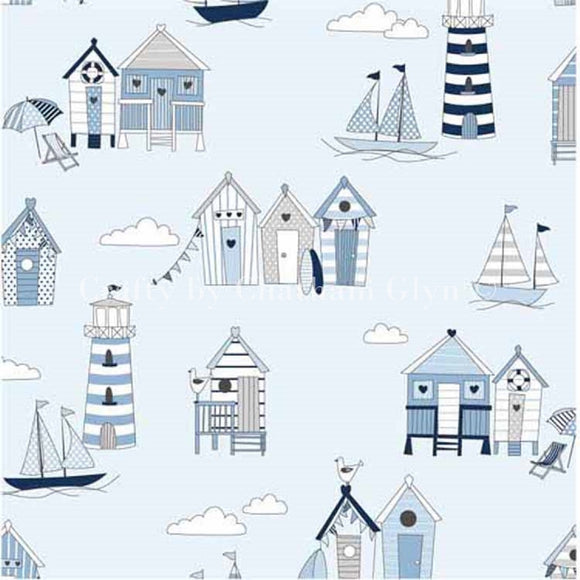 Cotton Fabric - Happy Days Nautical - Beach Huts - Seaside on Powder Blue Background