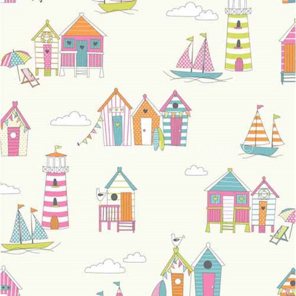 Cotton Fabric - Beach Huts Lighthouse Boats Seaside Print Craft Fabric- Tutti Fruitti