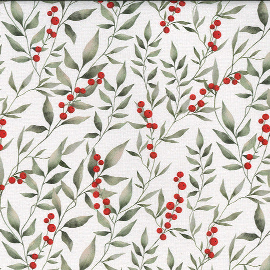 Cotton Canvas Fabric - Red Berry & Leaf Print on Ivory