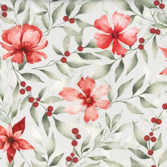 Cotton Canvas Fabric - Red Berry & Floral Print on Ivory