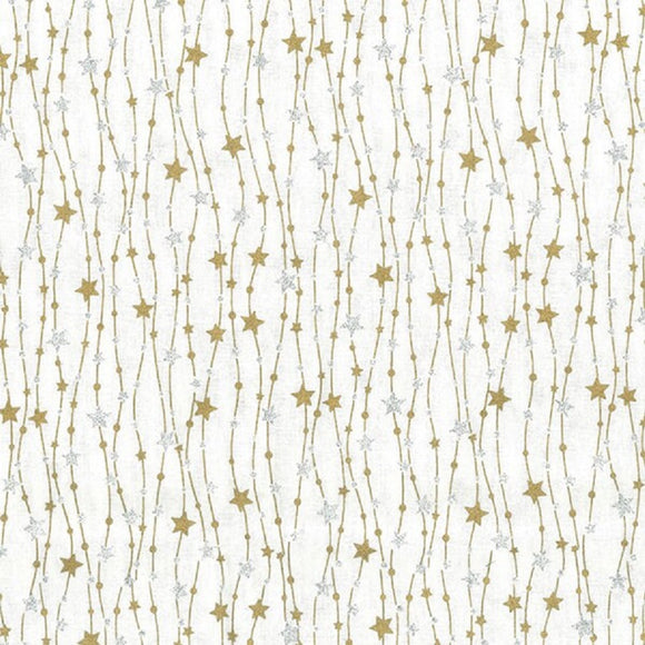 Christmas Fabric - Silver & Gold Glitter Stars on White - 100% Cotton Fabric