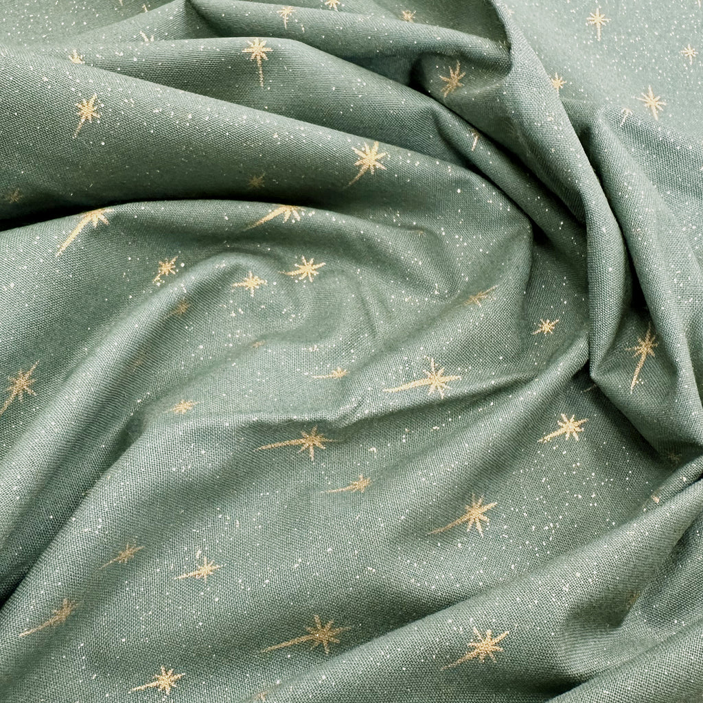 Christmas Fabric - Gold Glitter Stars on Green - Cotton Fabric