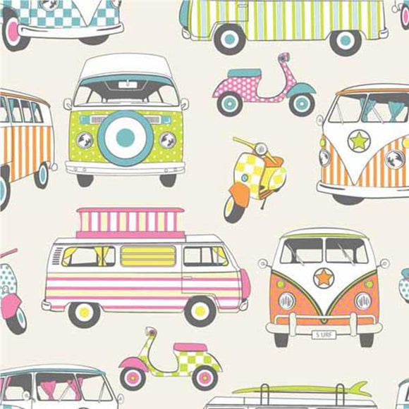 Cotton Fabric - Happy Campers Tutifrutti Camper Van Scooter Craft Fabric Material