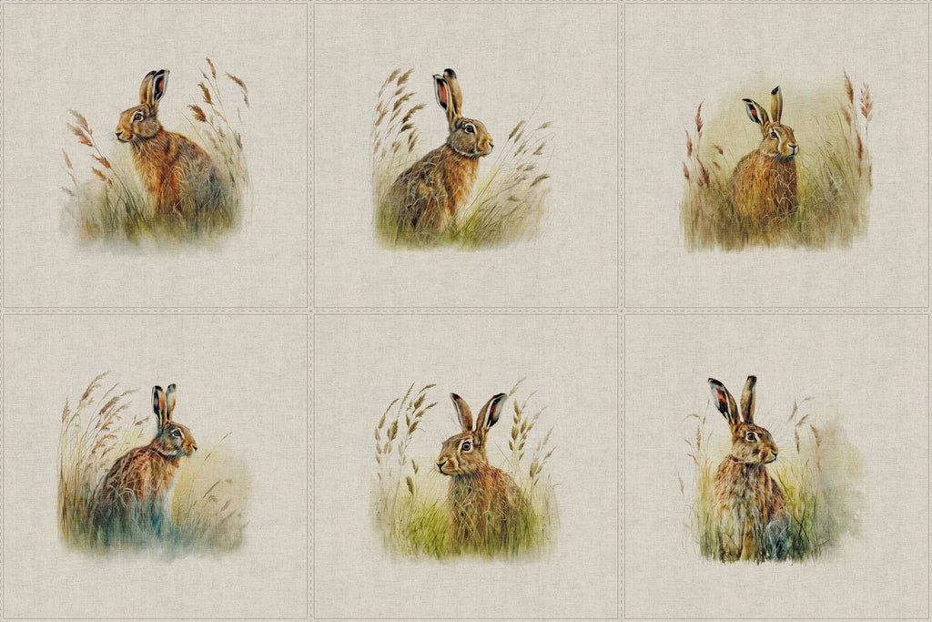Upholstery Fabric - Cotton Rich Linen Look Material - Panels - Cushion - Wall Art - Country Hares