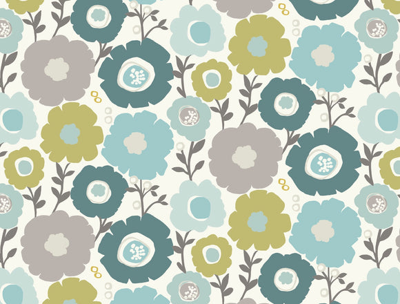 Half Panama Cotton Canvas - Mimi Teal Green & Blue Daisy Floral Print - Craft Upholstery Fabric