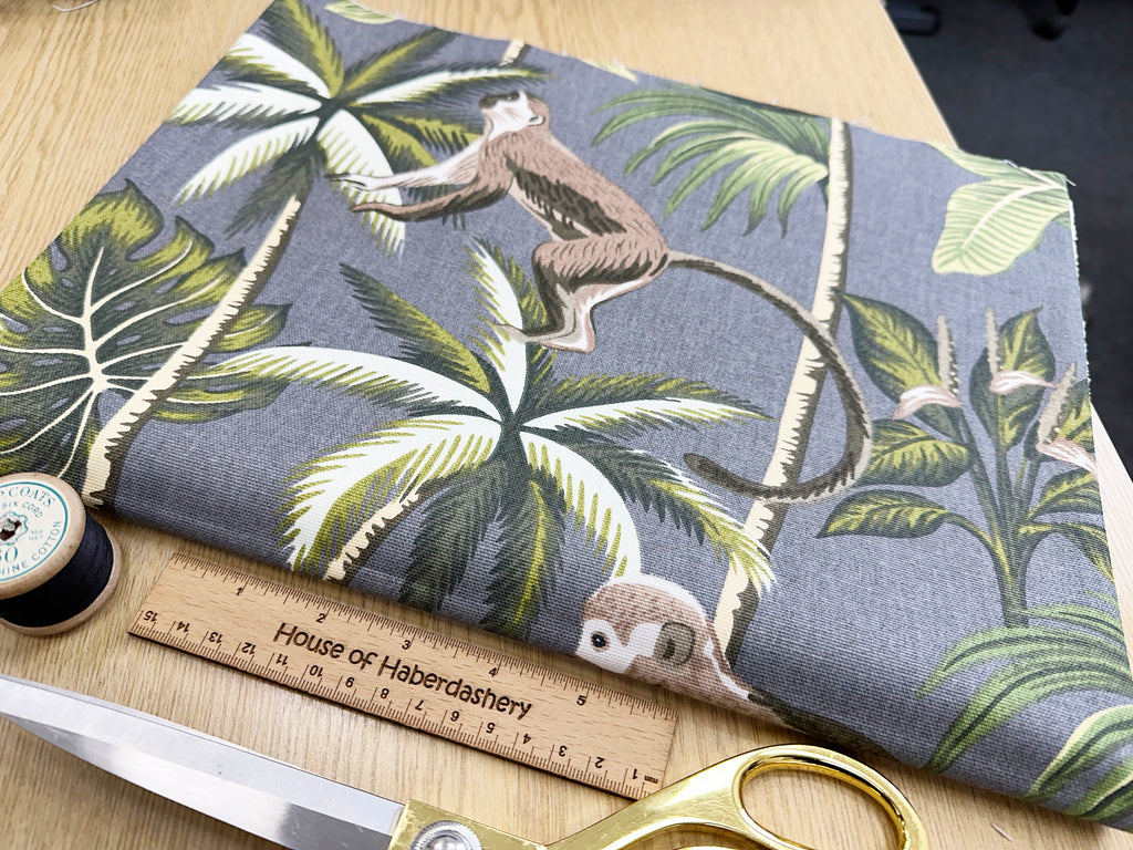 FABRIC REMNANT - Palm Tree & Monkey Print on Grey Canvas Fabric - 0.5m Length