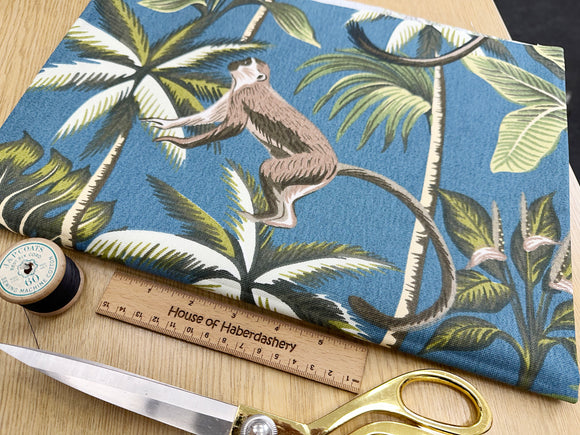 FABRIC REMNANT - Palm Tree & Monkey Print on Teal Canvas Fabric - 0.5m Length