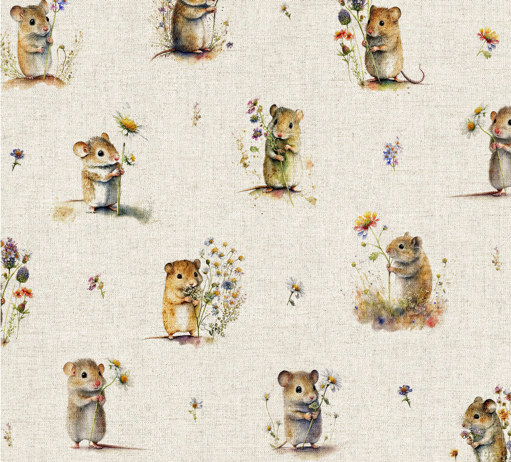 Upholstery Fabric -Field Mice All Over - Cotton Rich Linen Look Material