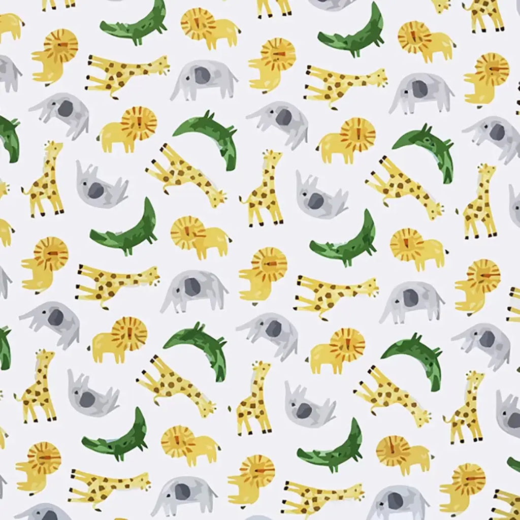 Polycotton Fabric - Safari Animals on White - Craft Fabric Material