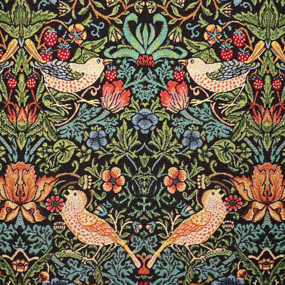 Tapestry Fabric - William Morris Black Strawberry Thief - Luxury Upholstery Fabric