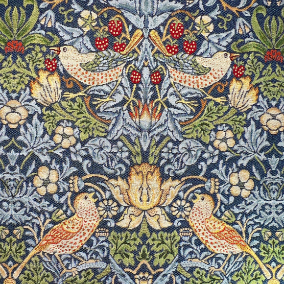 Tapestry Fabric - William Morris Denim Blue Strawberry Thief - Luxury Upholstery Fabric
