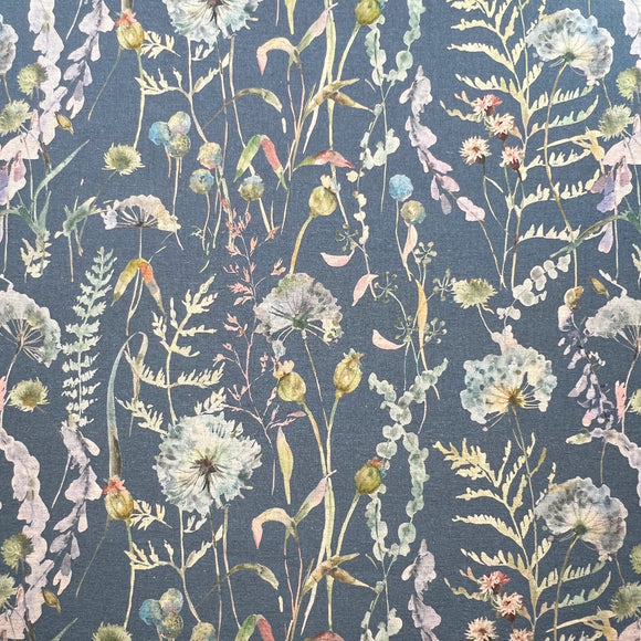 Organic Linen - Montagna Blue Sapphire - Dandelion Floral Canvas Upholstery Fabric