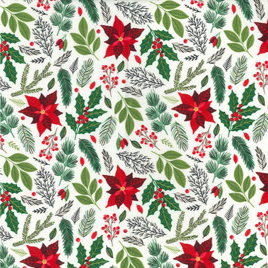 Christmas Fabric - Red Poinsettia Holly & Berries on Ivory - 100% Cotton Fabric