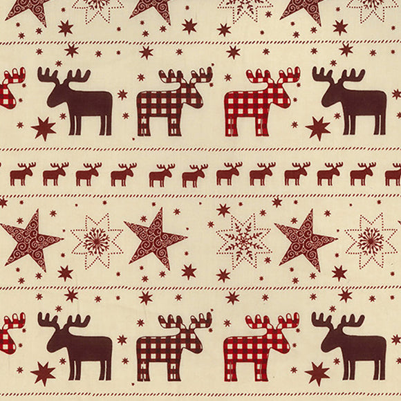 Christmas Fabric - Red Scandi Reindeer & Star on Ivory - Craft Fabric Material Metre