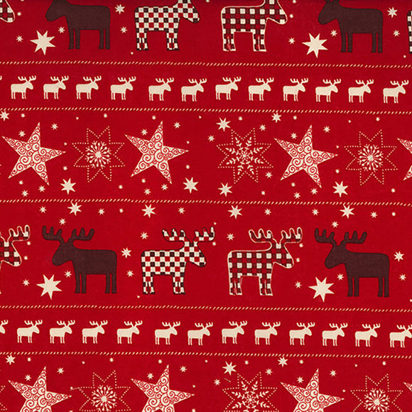 Christmas Fabric - Ivory Scandi Reindeer & Star on Red - Craft Fabric Material Metre