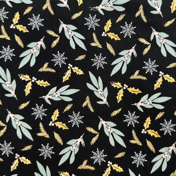 Christmas Fabric - Mistletoe & Snowflake on Black - 100% Cotton Fabric