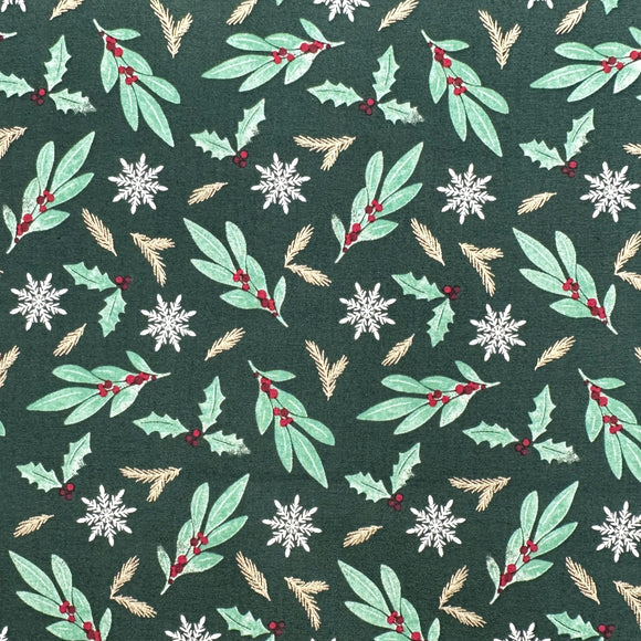 Christmas Fabric - Mistletoe & Snowflake on Green - 100% Cotton Fabric