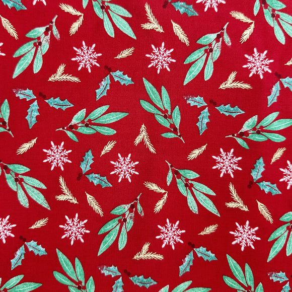 Christmas Fabric - Mistletoe & Snowflake on Red - 100% Cotton Fabric