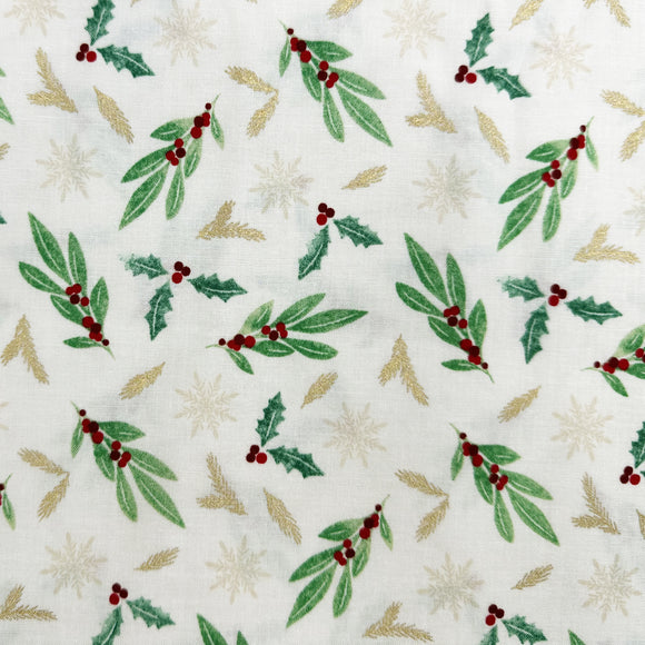 Christmas Fabric - Mistletoe & Snowflake on White - 100% Cotton Fabric