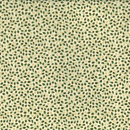 Christmas Fabric Green & Gold Holly Leaf on Cream Craft Fabric Material Metre