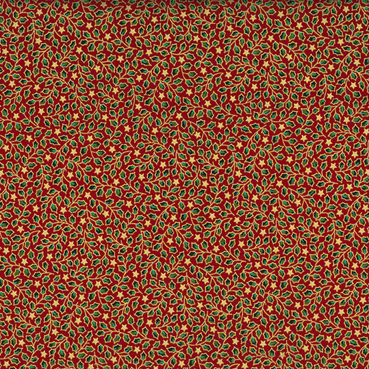 Christmas Fabric Green & Gold Holly Leaf on  Red Craft Fabric Material Metre